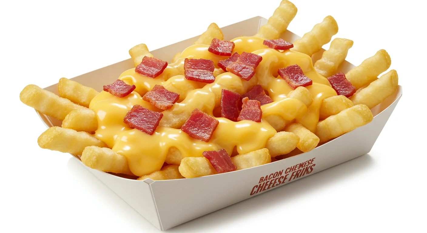 Crispy french fries topped with melted cheddar cheese, crispy bacon bits, and green onions, served in a rustic wooden bowl.