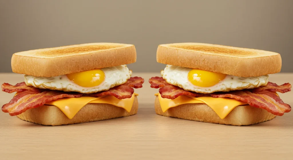 A close-up of a Bacon, Egg, and Cheese sandwich on a toasted bun with crispy bacon, a fried egg, and melted cheese.