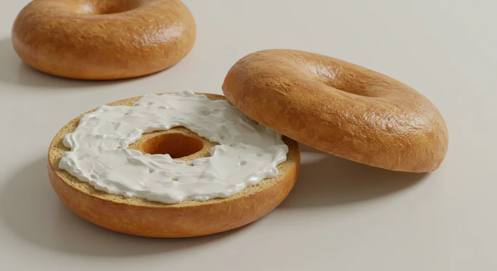 Toasted bagel with creamy cheese spread.