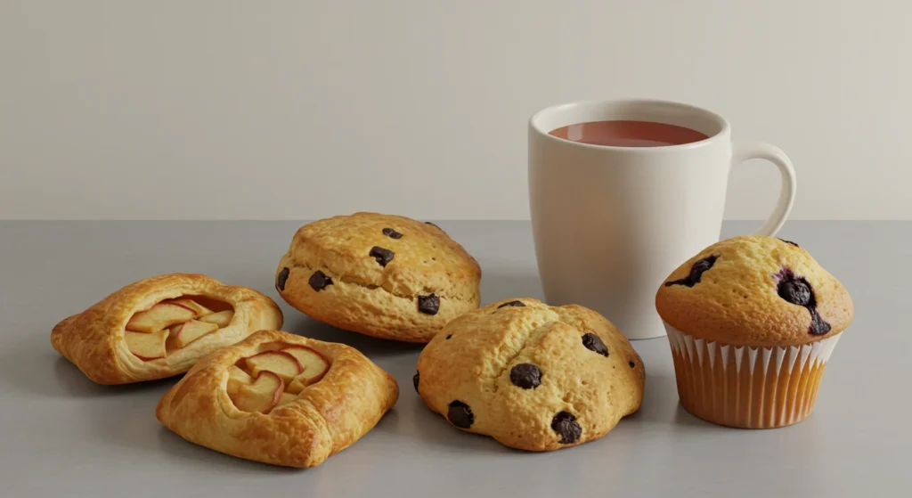 Assorted breakfast pastries on a tray.