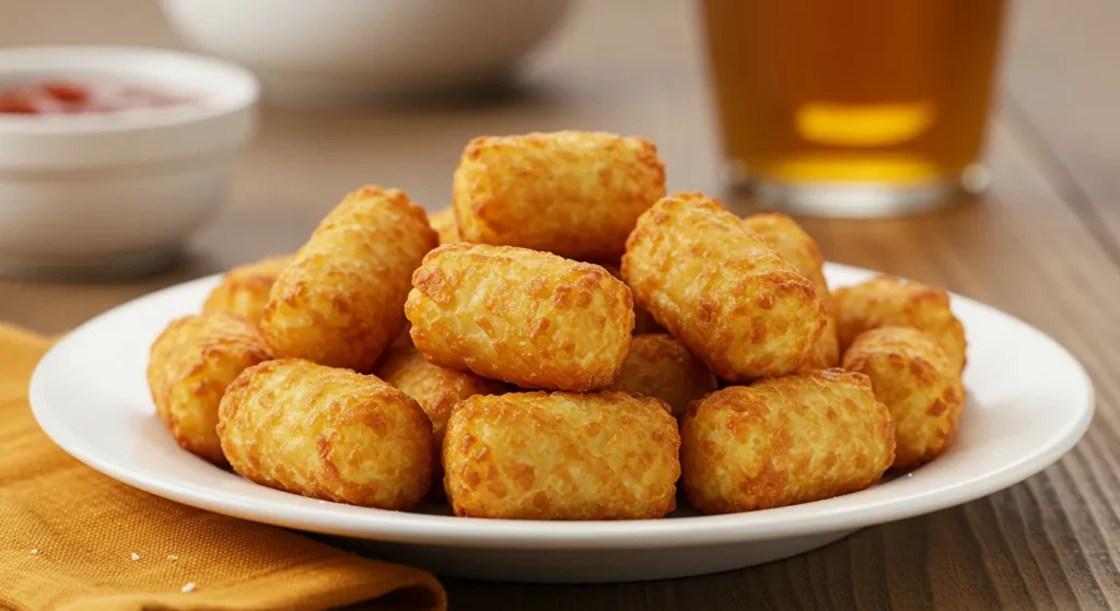 Golden-brown breakfast tots with a crispy exterior and soft inside, paired with dipping sauce