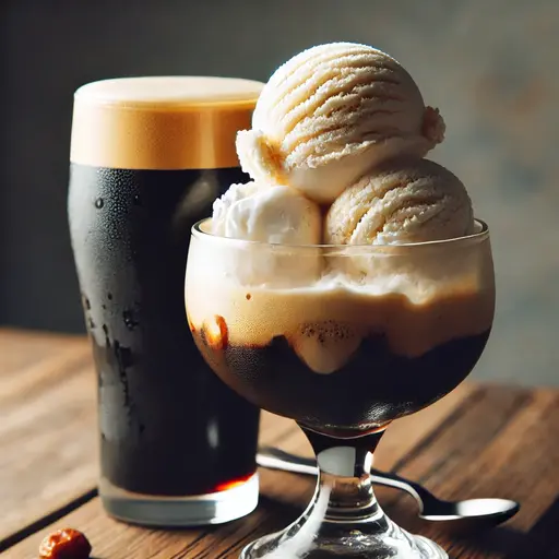 A glass of dark beer topped with vanilla ice cream, creating a creamy, foamy layer