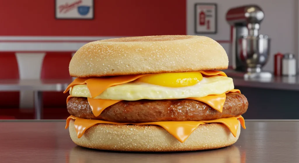 A close-up of a sausage, egg, and cheese sandwich on a toasted bun, with the ingredients stacked neatly inside.