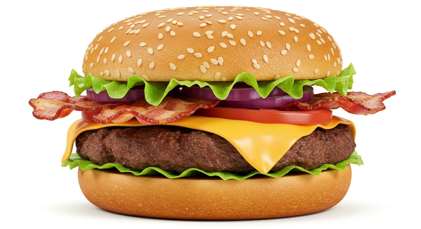 Single Bacon Cheeseburger with an Angus beef patty, melted cheese, crispy bacon, and a toasted bun."