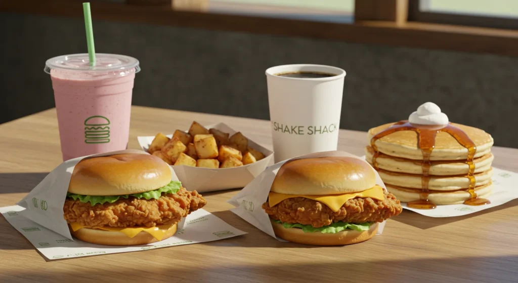 Shake Shack breakfast menu displayed in a restaurant setting